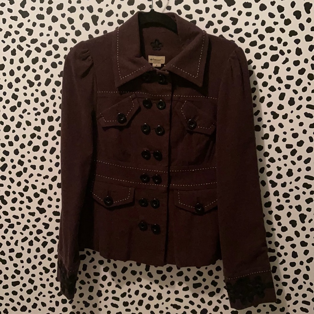 Anthropologie wine jacket with contrast stitching